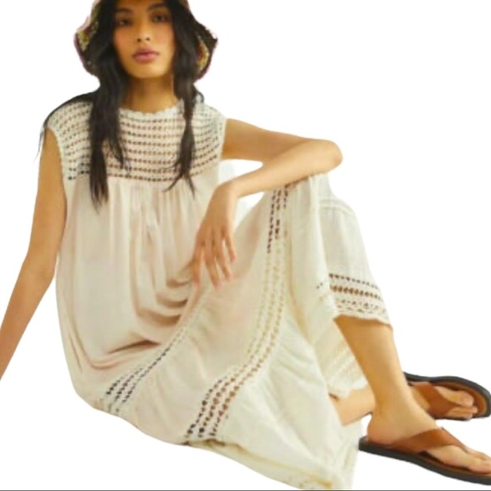 Free People Cream and Light Pink Crochet-Trim Maxi Dress - Picture 4 of 8